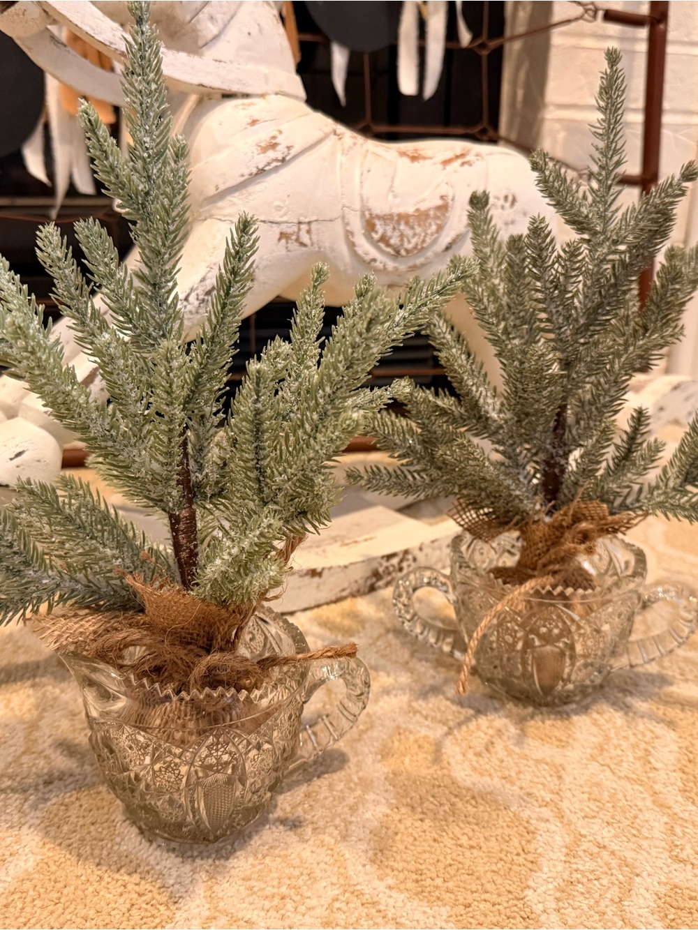 Faux Frosted Pine Tabletop Trees in Glass Creamer and Sugar Bowls
